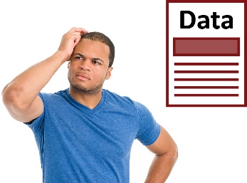 A man thinking and a document with 'data' on it.