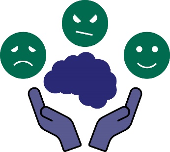 A hand holding up a brain. Surrounding the brain are a sad face, happy face and angry face.