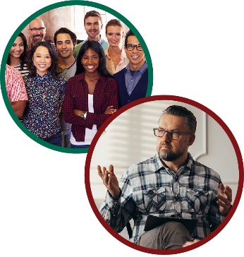 Montage of two images. The first is a group of workers standing together, the second is a male therapist talking to someone.