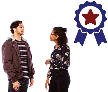 A man and woman talking and a badge with a star on it.