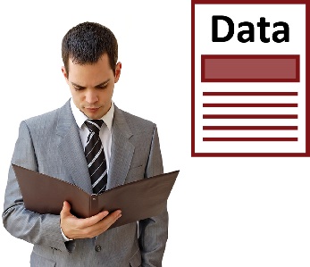 A person reading a document and a document with 'data' on it.