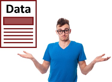 A man shrugging and a document with 'data' on it. 