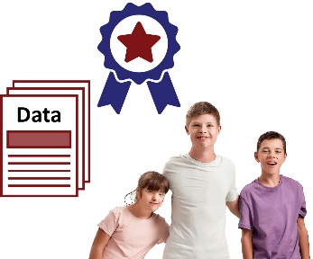 A group of children with disability and a stack of documents with 'data' on it. Above them is a badge with a star on it.