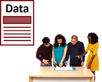 A group of people reading a document and a document with 'data' on it. 