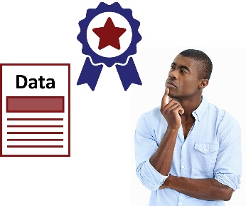 A man thinking, a document with the word 'data' on it and a bade with a star on it. 