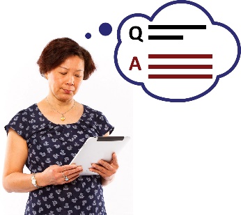 A woman reading an iPad and a thought bubble with a question and answer in it. 