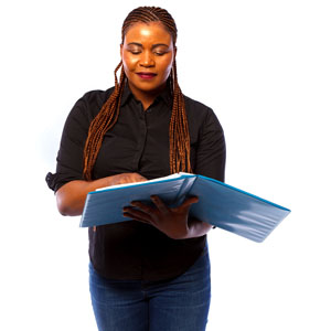 A woman reading a document. 