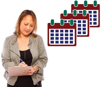 A woman writing on a clipboard and a stack of calendar icons. 