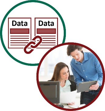 Montage of two images. The first is linked data, the second is two people looking at an iPad together. 