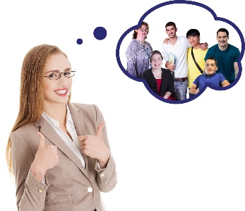A woman giving two thumbs up and a thought bubble with people with disability in it. 
