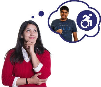 A woman thinking and a thought bubble with a person and a disability icon in it. 