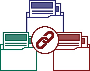 Three different folders with a link icon in the middle. 