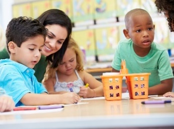 A teacher helping students with their work. 