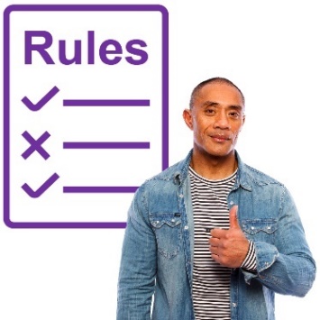 A document that has 'Rules' written on it and a person pointing at themsevles.
