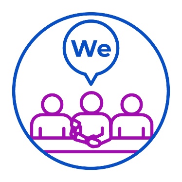 A group of people at a panel. There is a speech bubble above them with the word 'We' inside of it.