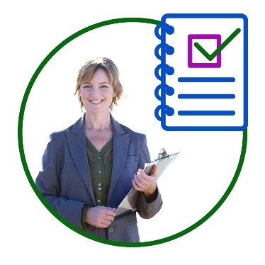 A researcher next to a document with a ticked check box on it.