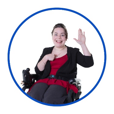 A person with disability pointing to themself and raising their other hand.
