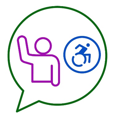 A person raising their hand and a disability icon inside of a speech bubble.