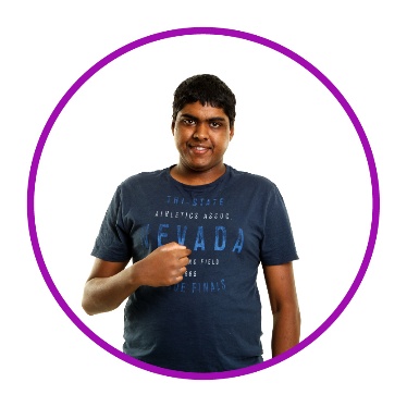 A person with disability pointing to themself.