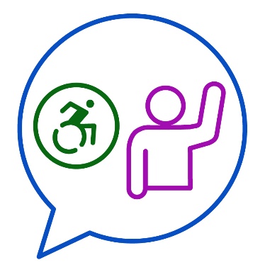 A disability icon and a person raising their hand inside of a speech bubble.