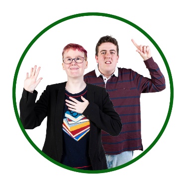 2 people pointing to themselves and raising their hands.