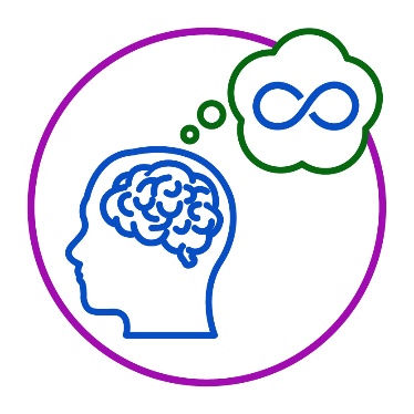 A side profile of a person's head showing their brain. There is a thought bubble next to them with an infinity icon inside of it.