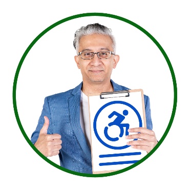 A researcher giving a thumbs up and holding a document with a disability icon on it.