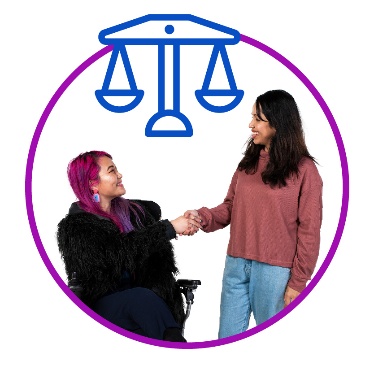 2 people shaking hands under an icon of scales for equality.