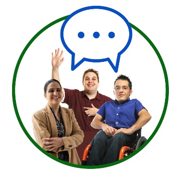 A group of people with disability under a speech bubble.