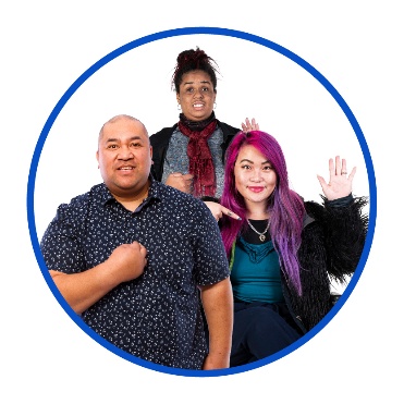 A group of people with disability pointing to themselves and raising their hands.