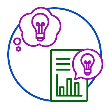 A document with data on it. There is a speech bubble next to it with a light bulb inside of it. There is also a thought bubble with a light bulb inside of it.