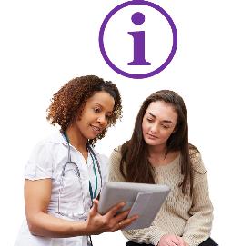 A health care provider looking at an iPad with a patient, there is an information icon above them.