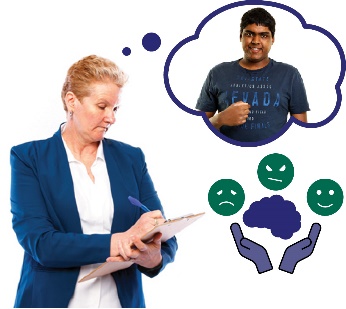 A woman writing on a clipboard and thinking about a man with disability. There is also a pair of hands holding up a brain with a sad, angry and happy face around the brain.