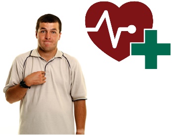A man pointing at himself and the health icon. 