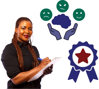 A woman writing on a clipboard and a badge with a star on it. Above the badge is a pair of hands holding a brain with a sad, angry and happy face around it.