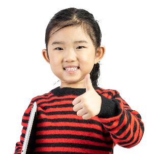 A young girl giving a thumbs up. 