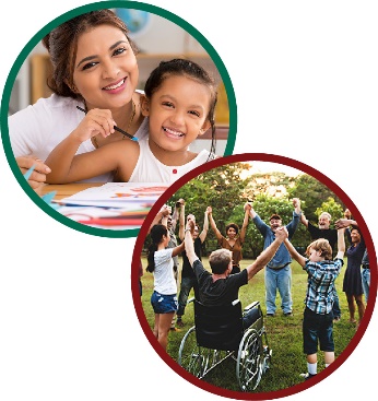 Montage of two images. The first is a mother and her daughter, the second is a group of people holding hands  in a park.