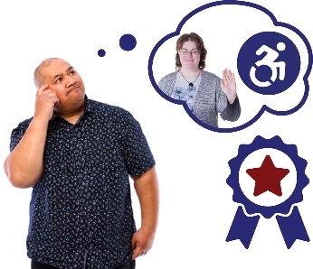 A man thinking about a woman with disability and a badge with a star on it. 
