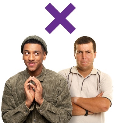 A person is looking pleased while behind them, someone is looking very upset. There is a cross above them. 