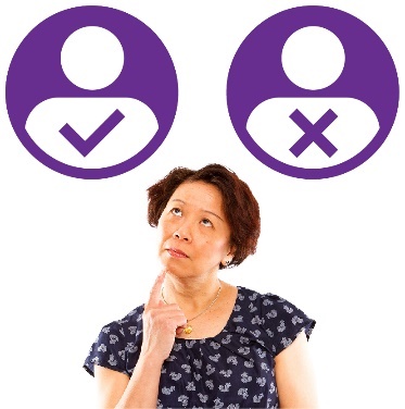 A person thinking with two icons of people above them. One icon has a tick, the other has a cross. 
