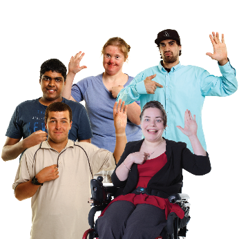A group of people pointing at themselves with their hands raised. 
