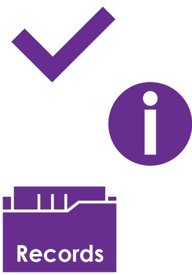 Icons of a tick, an information symbol and a folder saying Records. 