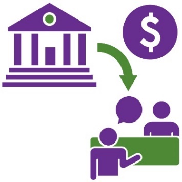 A government building with an arrow pointing. There is a money icon next to the arrow, and its pointing towards two people talking. 