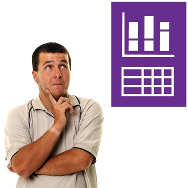 A person has their finger on their chin, and they are looking at a data icon. 