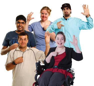 A group of people pointing at themselves with their hands raised. 