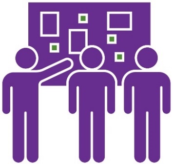 Three people standing in front of a research board. One of them is pointing at it.