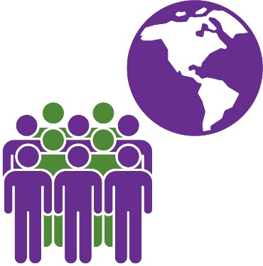 An icon of a group of people standing next to a world globe. 