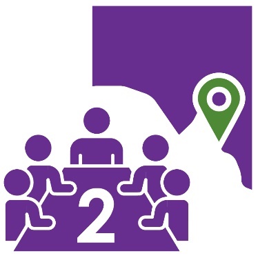 An icon of a group of people having a meeting next to the number 2. There is a map of South Australia with a marker on Adelaide. 
