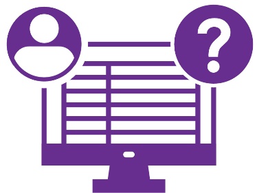 A computer with data on it. There is an icon of a person and an icon of a question mark. 