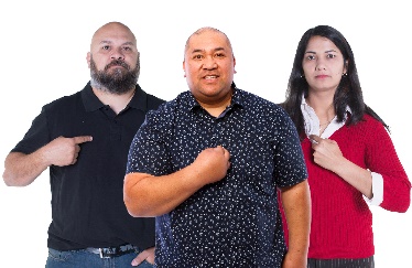 There are three people pointing at themselves. 